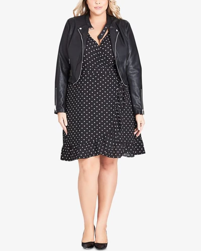 Front of a model wearing a size 22W City Chic Women's Plus Cropped Faux Leather Moto Jacket Black Size 22W in Black by City Chic. | dia_product_style_image_id:314315
